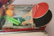 Mini Table Tennis Set In A Tin.  2 Mini Bats, 1 Ball, Net, Posts & suction Cups