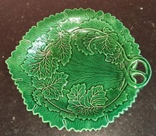 Beautiful Antique Twig Handled Green Majolica Serving Plate of Leaf Form C 1860+