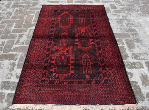 Red vintage afghan baluchi rug - red,