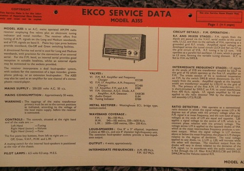 Ekco model a355 5 valve - am, fm