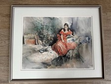 Original Watercolour Painting – Lady in Red with Cat, signed Yardley, 60x73cm UK