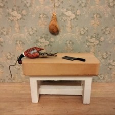 Dolls house butcher table, meat cleaver, pheasant and ham