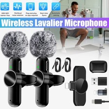 2x Wireless Lavalier Microphone Phone Mic Plug-Play Lapel Mic for iPhone Android