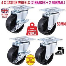 4x Castor Wheels 50mm Heavy Duty Swivel Trolley Black Caster Rubber 210kg