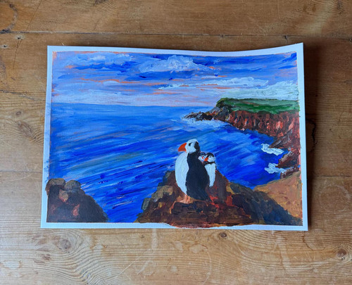 Vintage puffin bird - vintage, painting