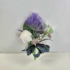 Thistle buttonhole corsage, rose thistle corsage wedding flowers. purple thistle