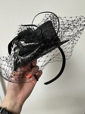 Black Feather Fascinator Mini Hat Netting Headband Wedding Races Headpiece