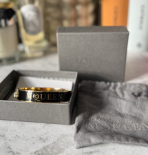 £250 Auth Alexander McQueen Black Enamel & Gold-Tone Skull Bangle, Bracelet, New