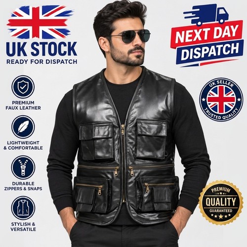 Mens black faux leather biker - faux,