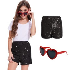 Girls' sequin shorts and heart-shaped sunglasses high waisted stretch shorts
