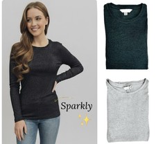 Ladies Marks Sparkle Top Crew Neck Long Sleeve Black Silver Thermal Fitted Rib