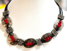 Chico's Concho Medallion Faux Red Coral Antiqued Silver Leather Necklace