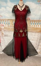 Gatsby Dress 14 Black Red Gold Sequin Bead L Maxi Evening Ballgown Deco Vintage
