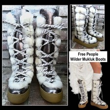 Free People Wilder Mukluk Boots Artic Fox Combo Leather Fuzzy Metallic Size 9 