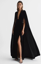 REISS Gracie Velvet Maxi Dress With Cape in Black UK Size 10