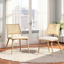 Dining Chairs Set of 2 Mid-Century Kitchen Chair w Rattan Backrest Upholstered 