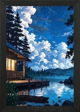 Lakeside Cabin at Night Framed
