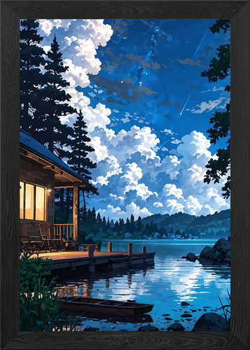 Lakeside cabin night - cabin, at