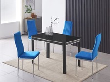 Dining Table Set Rectangle Black Glass Top with Metal Frame and 4 Velvet Chairs
