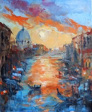 Venice Sunset Oil Painting 10x12" Textured Canal Artwork • Handmade Original