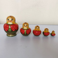 Vintage Wooden Russian Matryoshka Nesting Doll Red & Yellow Babushka Set of Five