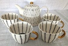 Aphorism Teapot + 4 Matching Mugs Cups Cream Gold Black RARE