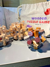 Set of 3 3D Wooden Brain Teaser Puzzles, IQ Challenge Puzzle Games, Adults Teens