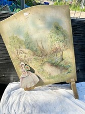 VINTAGE ANTIQUE HANDPAINTED SMALL WOODEN SCREEN FOREST SCENE TO RESTORE