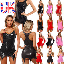 UK Women's Wet Look PVC Leather Bodycon Mini Garter Metal Clips Dress Clubwear
