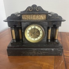 Victorian Black Slate 4 column Mantel Clock chimes with pendulum & gold detail
