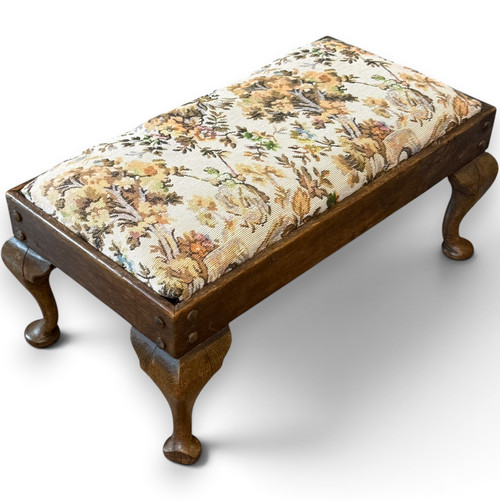 Antique oak footstool tapestry - antique,