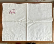 Baby Vintage White Pillow Case Cot Pram Bed Pink Lamb Embroidery Motif From 1960