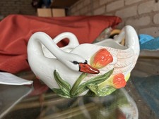 Vintage Majolica Style Pottery Three Swimming Swans Planter Jardinière Pot 