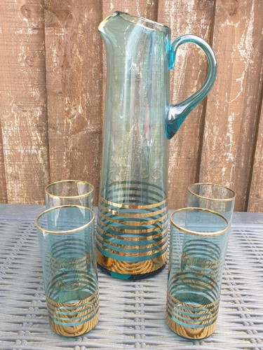 Blue glass gilt lemonade set - glass,
