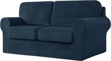 Large Velvet Stretch Sofa Cover Separate Seat Cushion & Backrest Navy 3 Seater