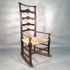 Antique Welsh Oak Ladder Back Rocking Chair With Rush Seat 