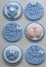 6 Baby Blue & white baby Plaques, Edible Fondant Cupcake Toppers Baby shower