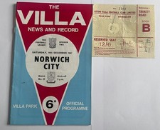 Aston Villa v Norwich City 16th December 1967 With Ticket