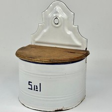 Antique French Kitchen Wall Mounted White & Navy Colour Enamel Salt Container