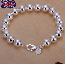 925 Sterling  Ball Bead Bracelet Hollow 10mm Bangle Gift Bag silver plated UK