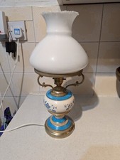 Vintage Oil Table Lamp Electric Milk Glass Shade Hand Painted Floral Cottagecore