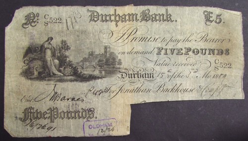 Five pound note 1889 durham - five,