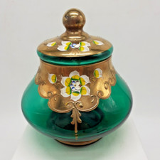 Venetian Art Nouveau-Style Green & Gold Coloured Hand Painted Glass Lidded Jar