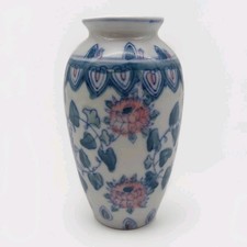 Porcelain Bud Posy Vase Chinese Style Green & Pink Lotus Flowers 12cm Height