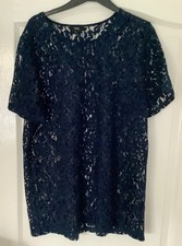 Next Navy Blue Short Sleeve Floral Lace Overlay Top, UK size 20