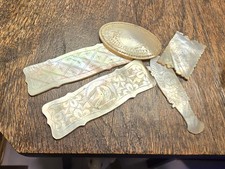 Antique Victorian mother of pearl thread winders, needle etched decoration