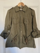 Vintage Y2K Khaki Green Pure Linen Safari Jacket Edeis La Redoute Size 14
