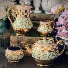 Sadler Tea Pot Set Gold Spot & Checker ‘Betty’ Coffee Pots Vintage 1940/50s -VGC