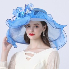 Organza Hat Church Dress Wide Brim Bridal Floral Cap Tea Party Wedding Women
