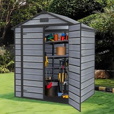 EX-DEMO 6X4.4FT Plastic Garden Shed Apex with Floor Window Lockable Door Wood Gr